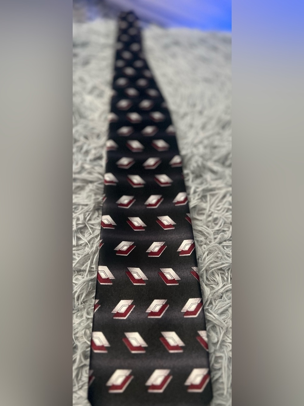 Men's Black Tie with Burgundy and Silver Geometric Pattern Tie